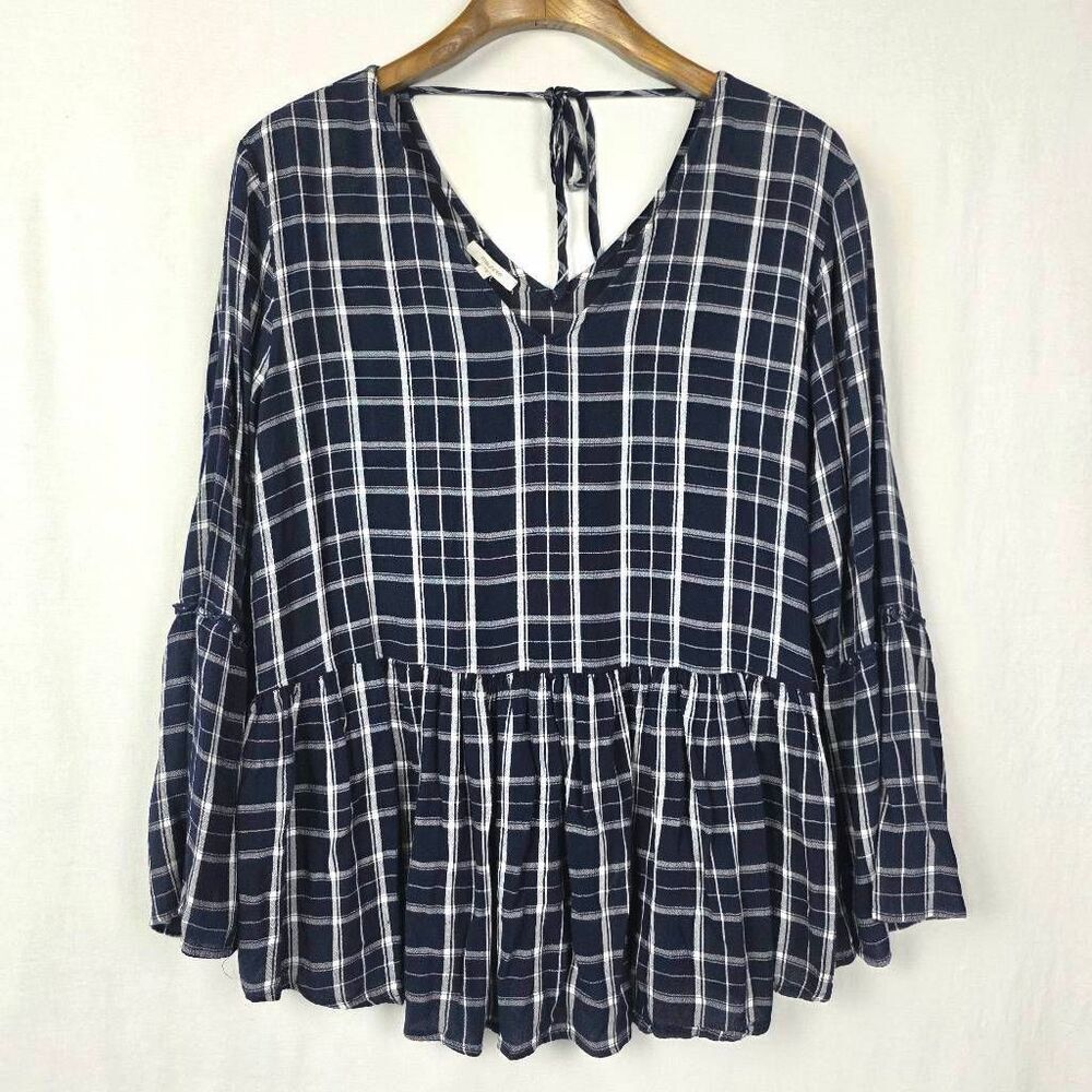 Maurices Plaid Peplum Blouse XL Blue Tie Back